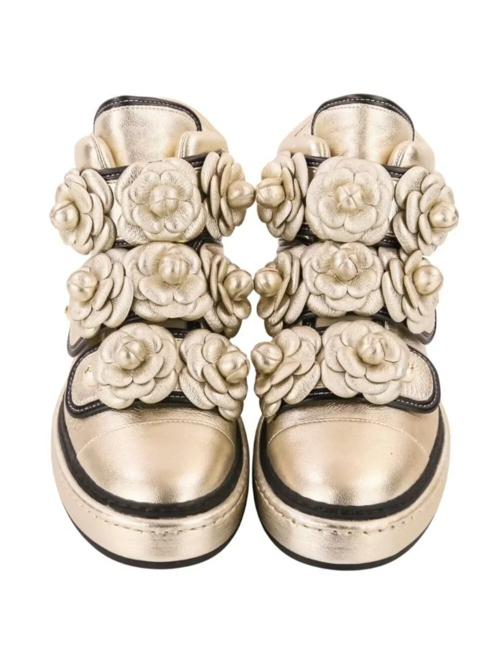 Chanel Camellia Faux Pearl CC Logo High Top Sneakers Gold Colored